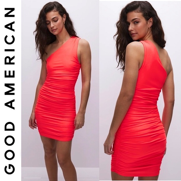 Good American Dresses & Skirts - NWT Good American Ruched One Shoulder Mini Dress Fiery Coral Plus Size 7 4XL